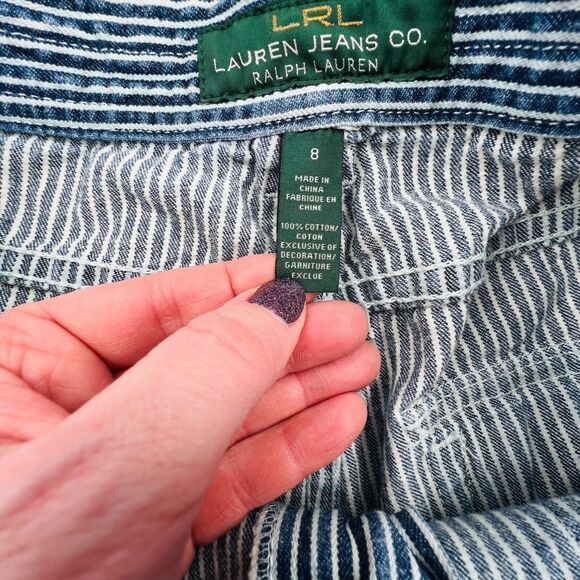LRL Lauren Jeans Shorts Womans 8 Blue White Striped Anchor Button Cotton - Picture 2 of 10